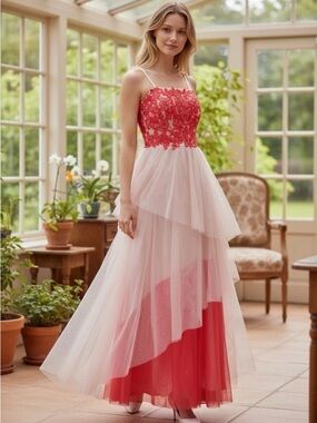 Red & Blush Lace Bodice Layered Tulle Evening Dress